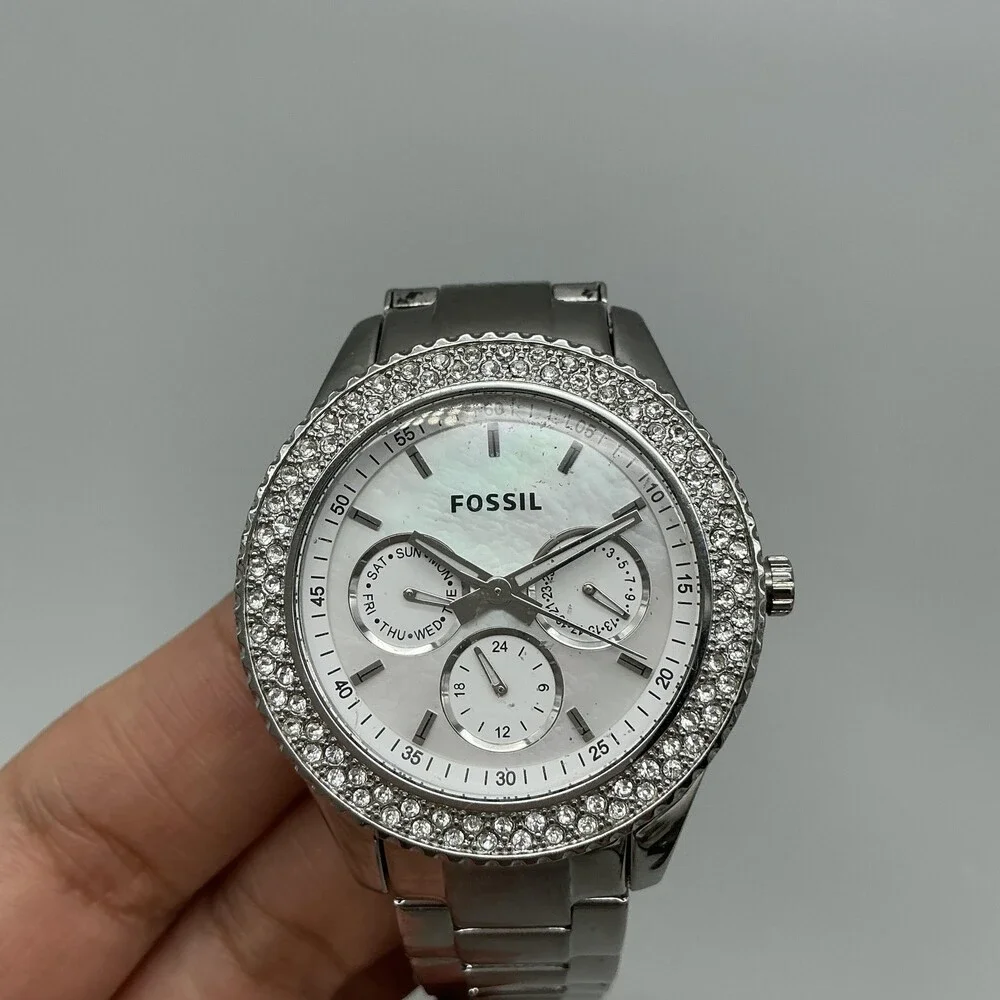 Fossil PR5414 Womens Watch 38mm MOP Dial Silver Tone Crystals New Battery 7.25